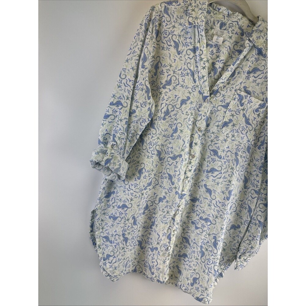 Sigrid Olsen Linen Tunic Shirt Button Down White Blue Seahorse Roll Tab Sleeves - Picture 7 of 11